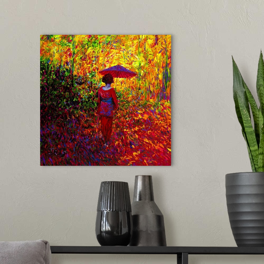 A modern room featuring Brightly colored contemporary artwork of a geisha taking a walk.