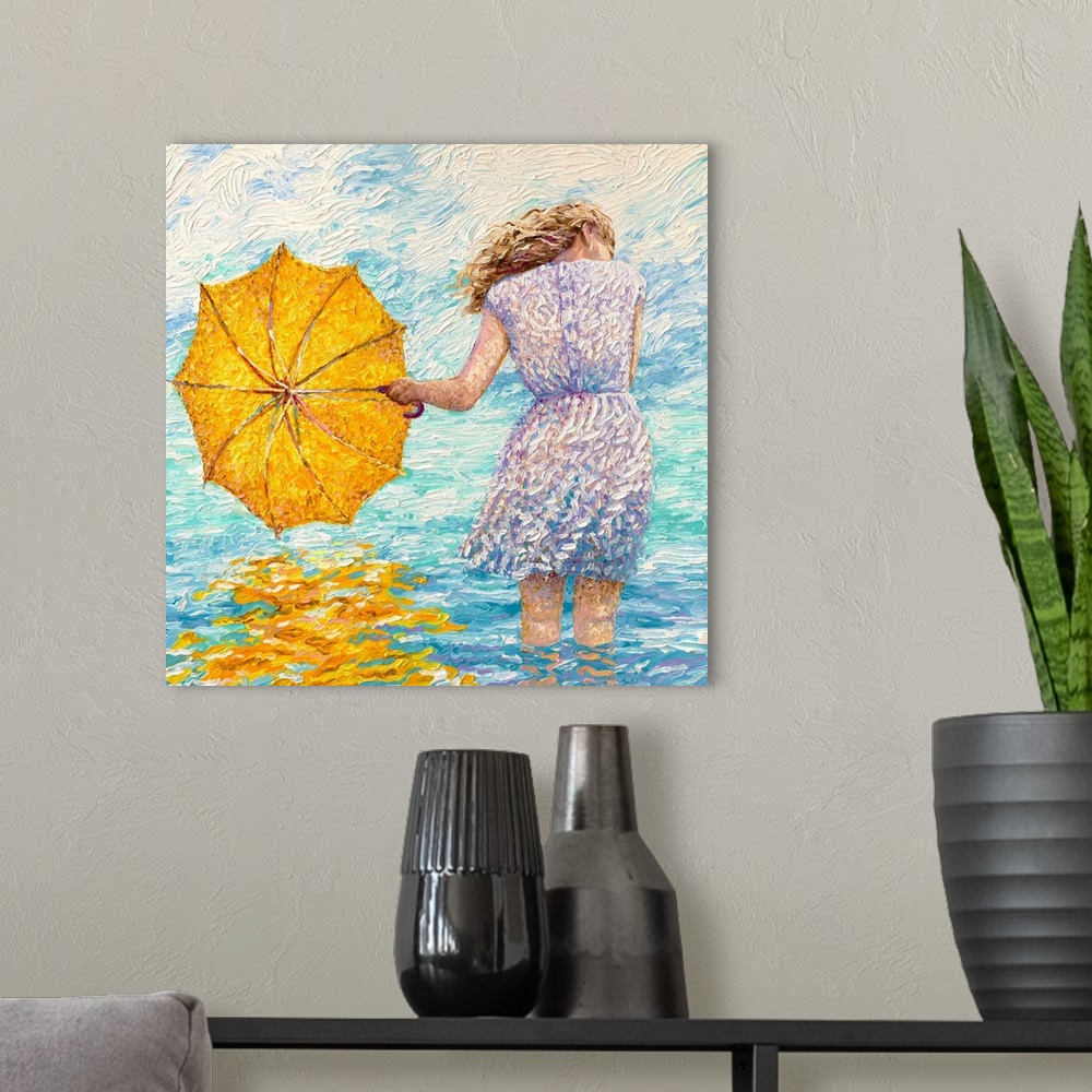 A modern room featuring Brightly colored contemporary artwork of a woman in the water.