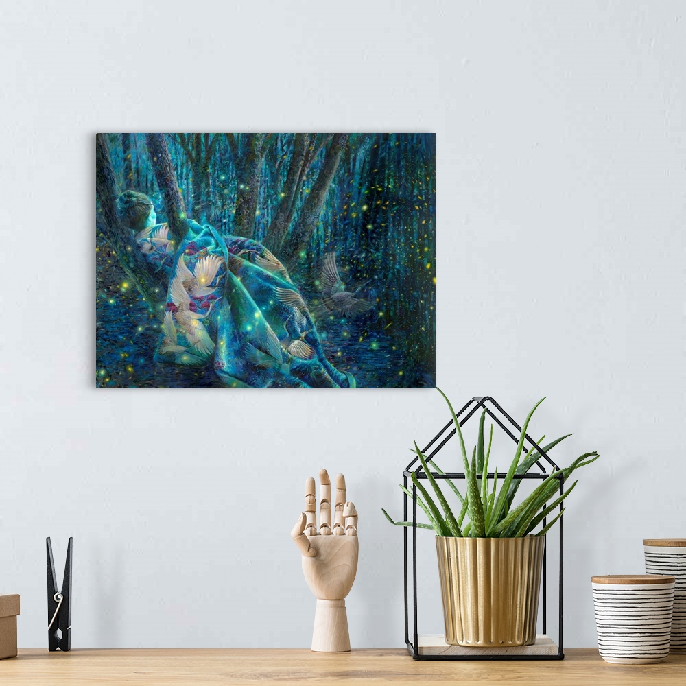 A bohemian room featuring Brightly colored contemporary artwork of a goddess in the forest.