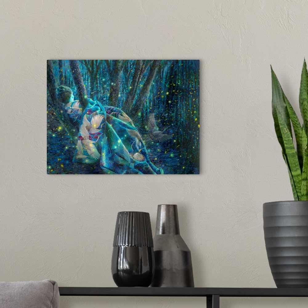A modern room featuring Brightly colored contemporary artwork of a goddess in the forest.
