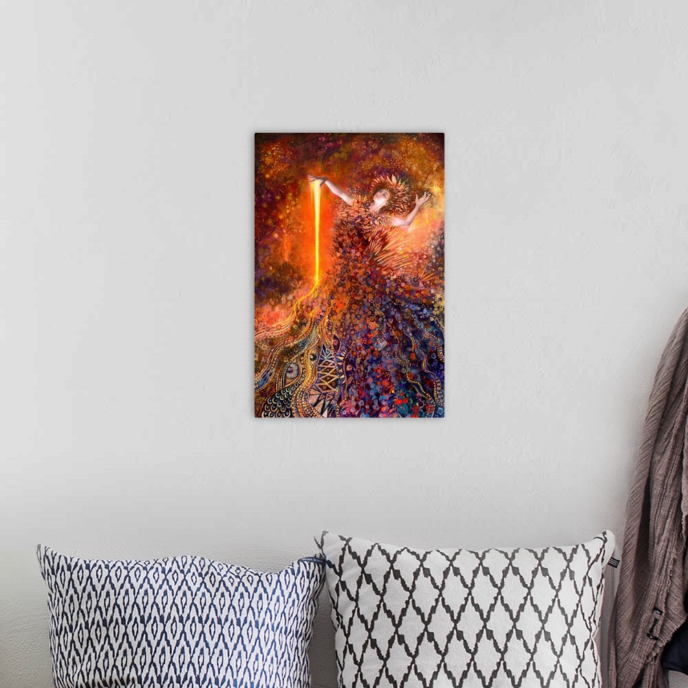 A bohemian room featuring Brightly colored contemporary artwork of a goddess surrounded by fire.