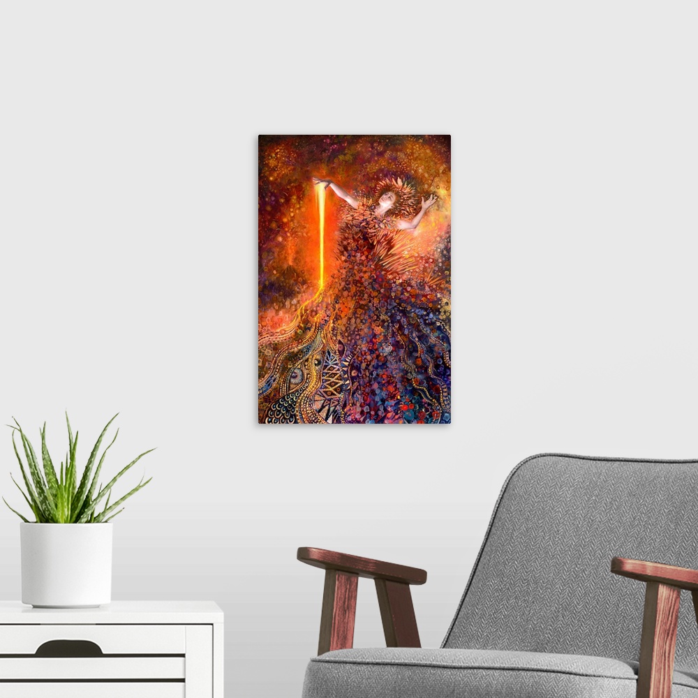 A modern room featuring Brightly colored contemporary artwork of a goddess surrounded by fire.