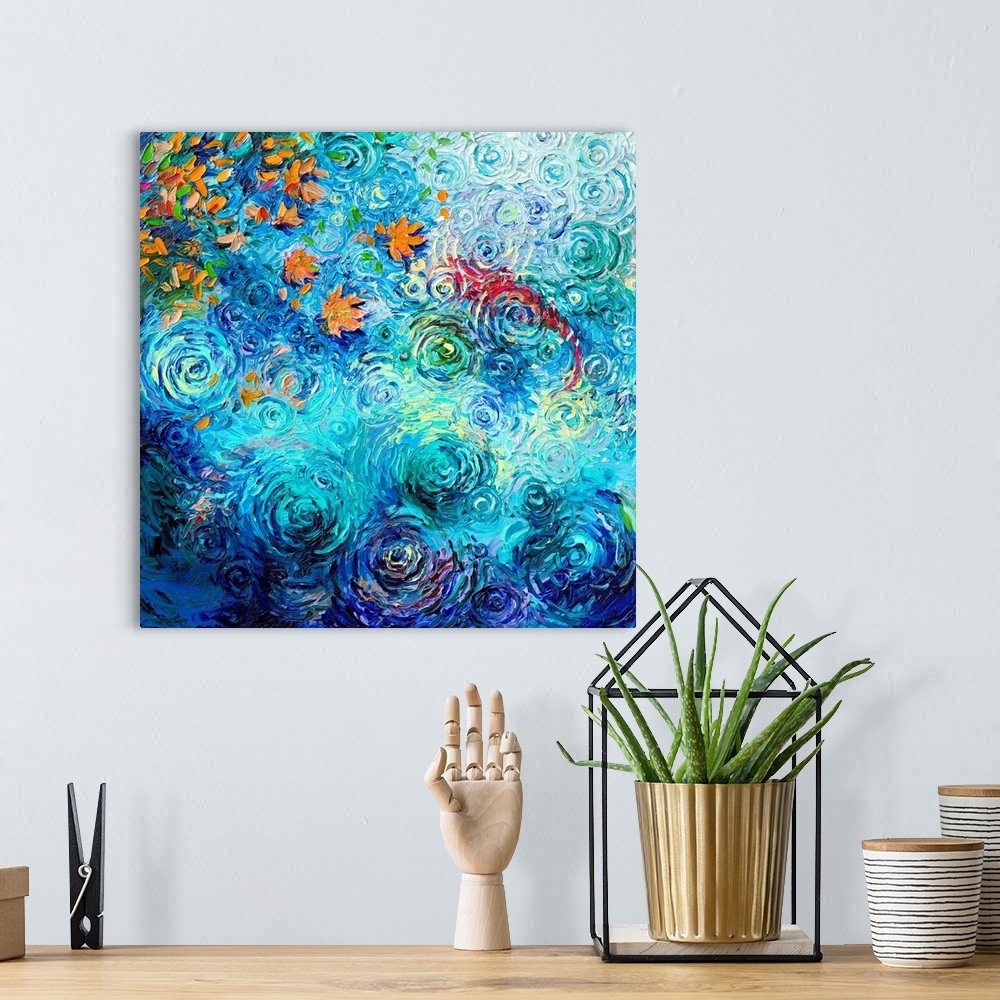 A bohemian room featuring Brightly colored contemporary artwork of a sockeye under water.