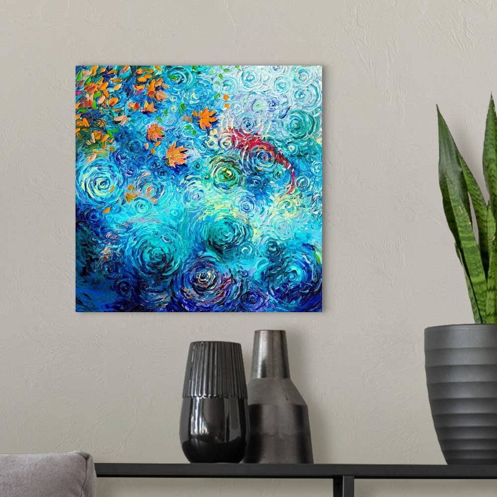A modern room featuring Brightly colored contemporary artwork of a sockeye under water.