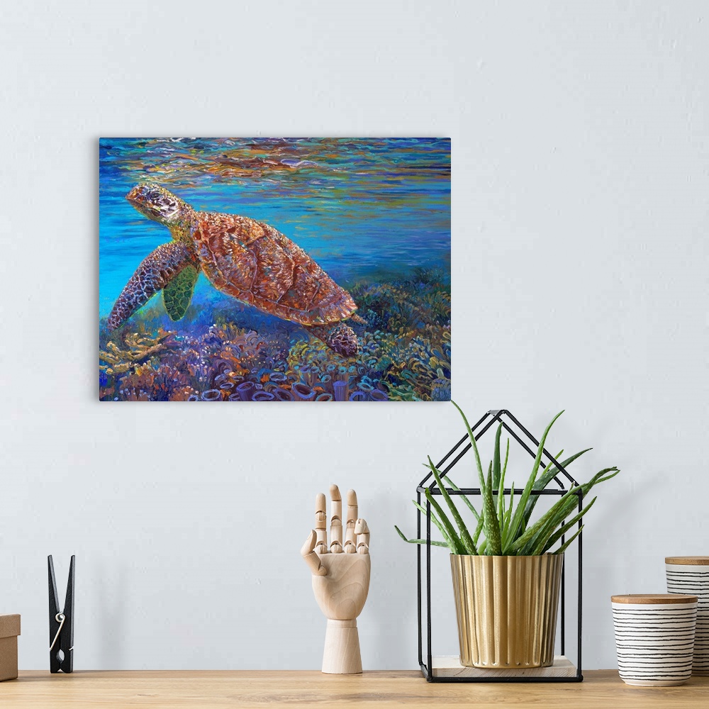 A bohemian room featuring Brightly colored contemporary artwork of a turtle in the ocean with coral.