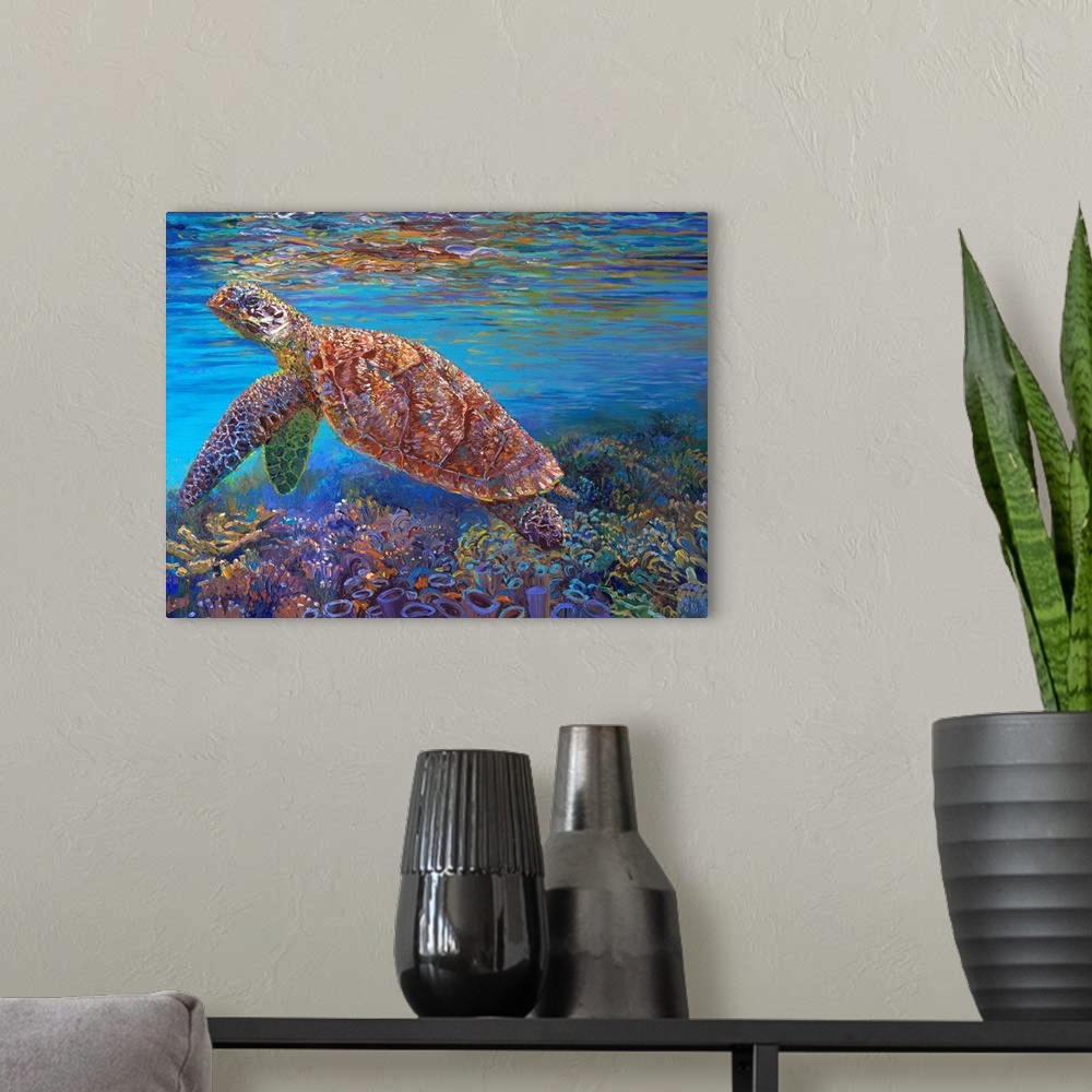 A modern room featuring Brightly colored contemporary artwork of a turtle in the ocean with coral.