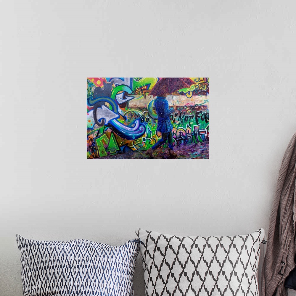 A bohemian room featuring Brightly colored contemporary artwork of a woman walking alongside graffiti.