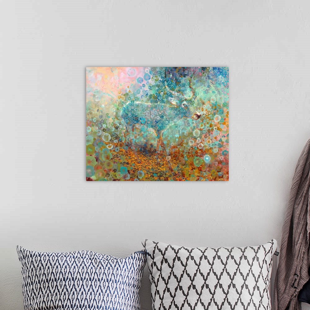 A bohemian room featuring Brightly colored contemporary artwork of a deer walking alone.