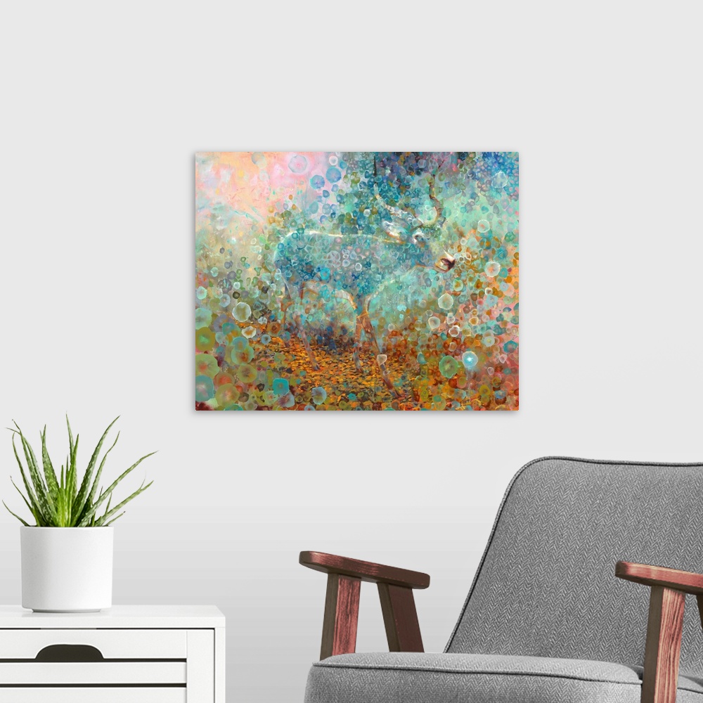 A modern room featuring Brightly colored contemporary artwork of a deer walking alone.