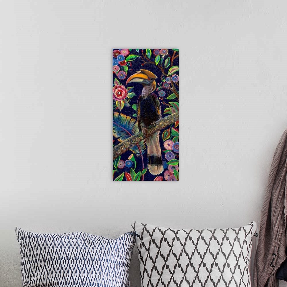 A bohemian room featuring Brightly colored contemporary artwork of a horned toucan in a tree.