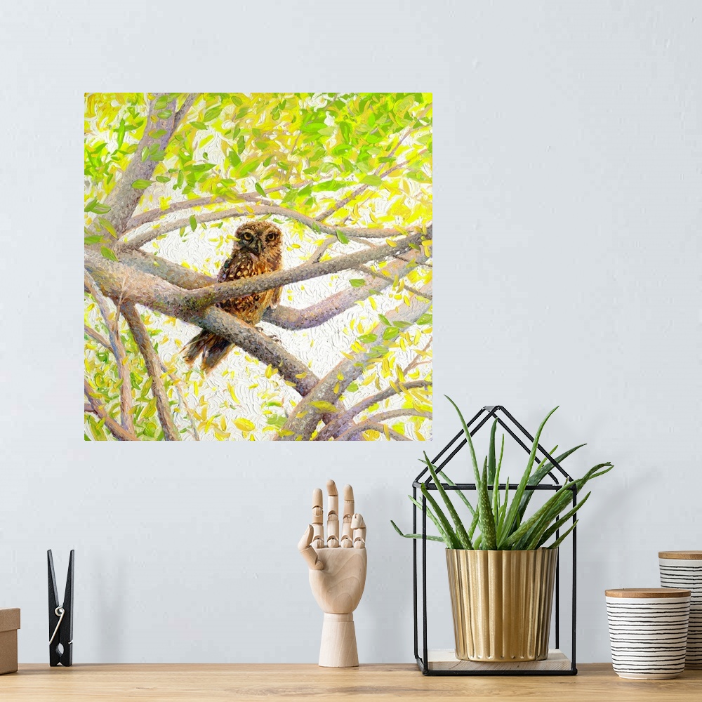 A bohemian room featuring Brightly colored contemporary artwork of an owl sitting in a tree.