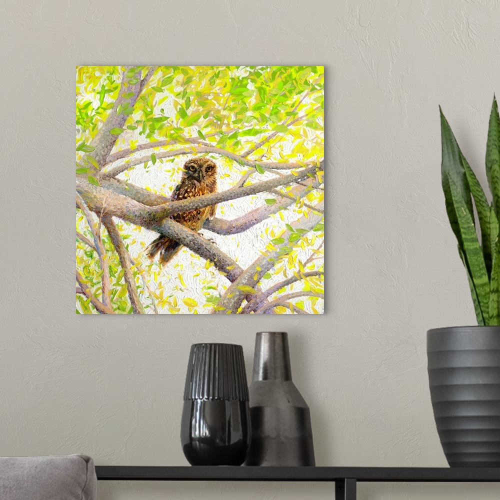 A modern room featuring Brightly colored contemporary artwork of an owl sitting in a tree.