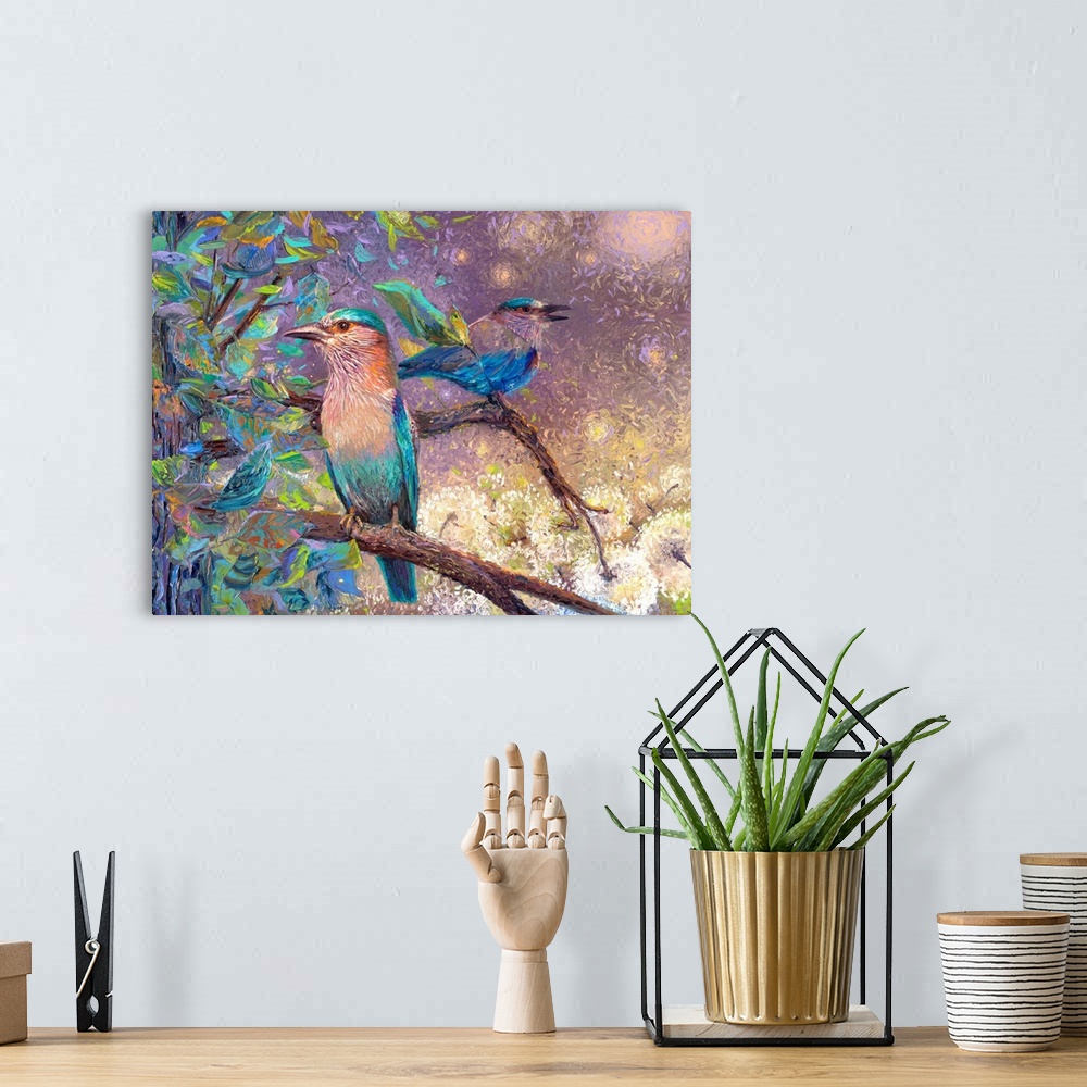 A bohemian room featuring Brightly colored contemporary artwork of Indian rollers sitting in a tree.