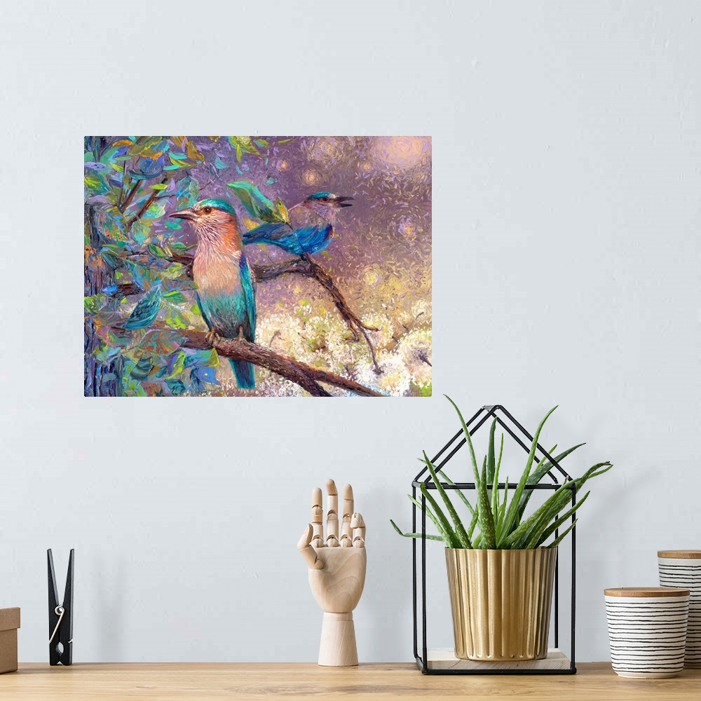 A bohemian room featuring Brightly colored contemporary artwork of Indian rollers sitting in a tree.