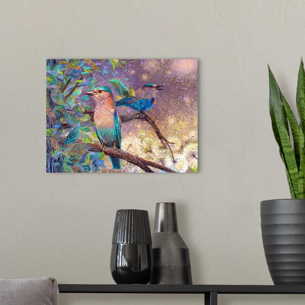 A modern room featuring Brightly colored contemporary artwork of Indian rollers sitting in a tree.