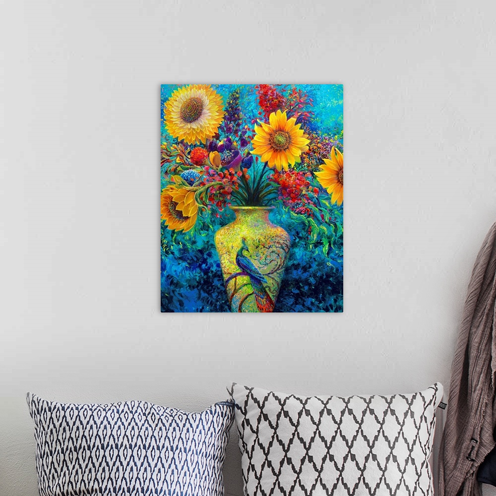 A bohemian room featuring Brightly colored contemporary artwork of flowers in a vase.