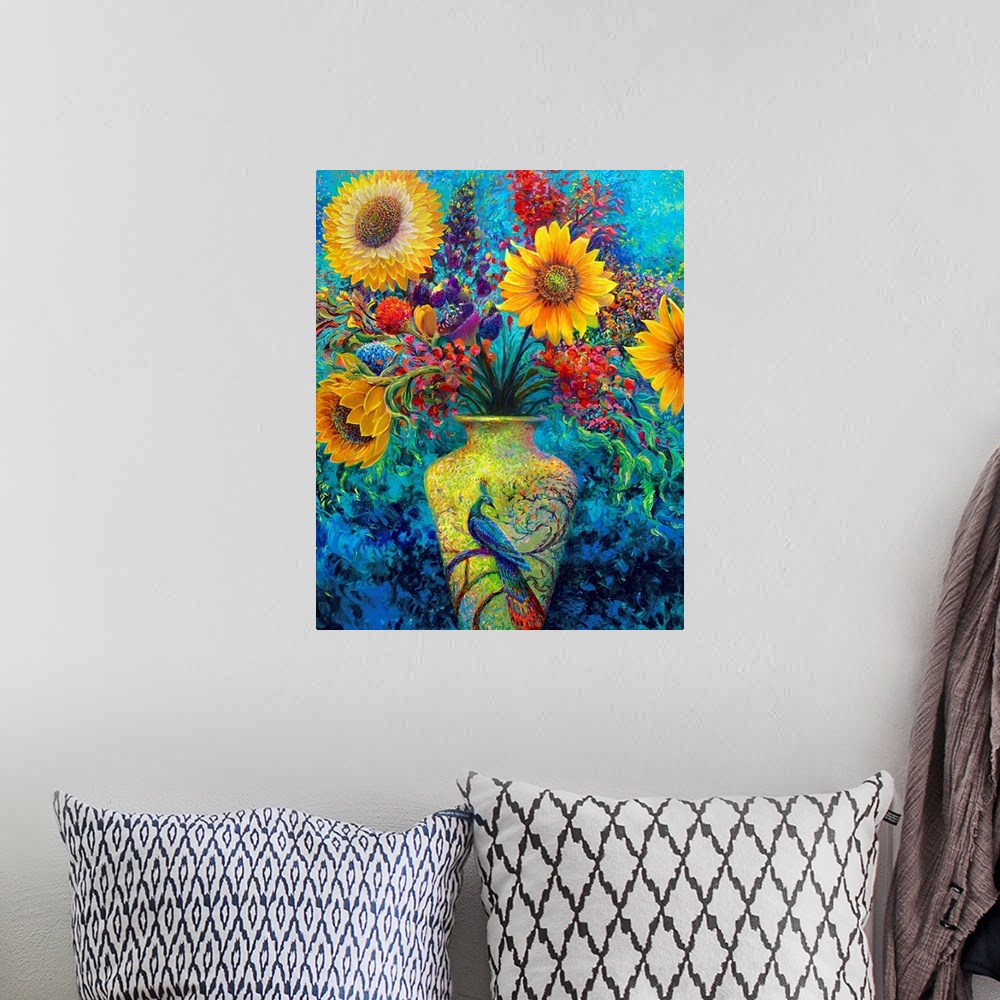 A bohemian room featuring Brightly colored contemporary artwork of flowers in a vase.