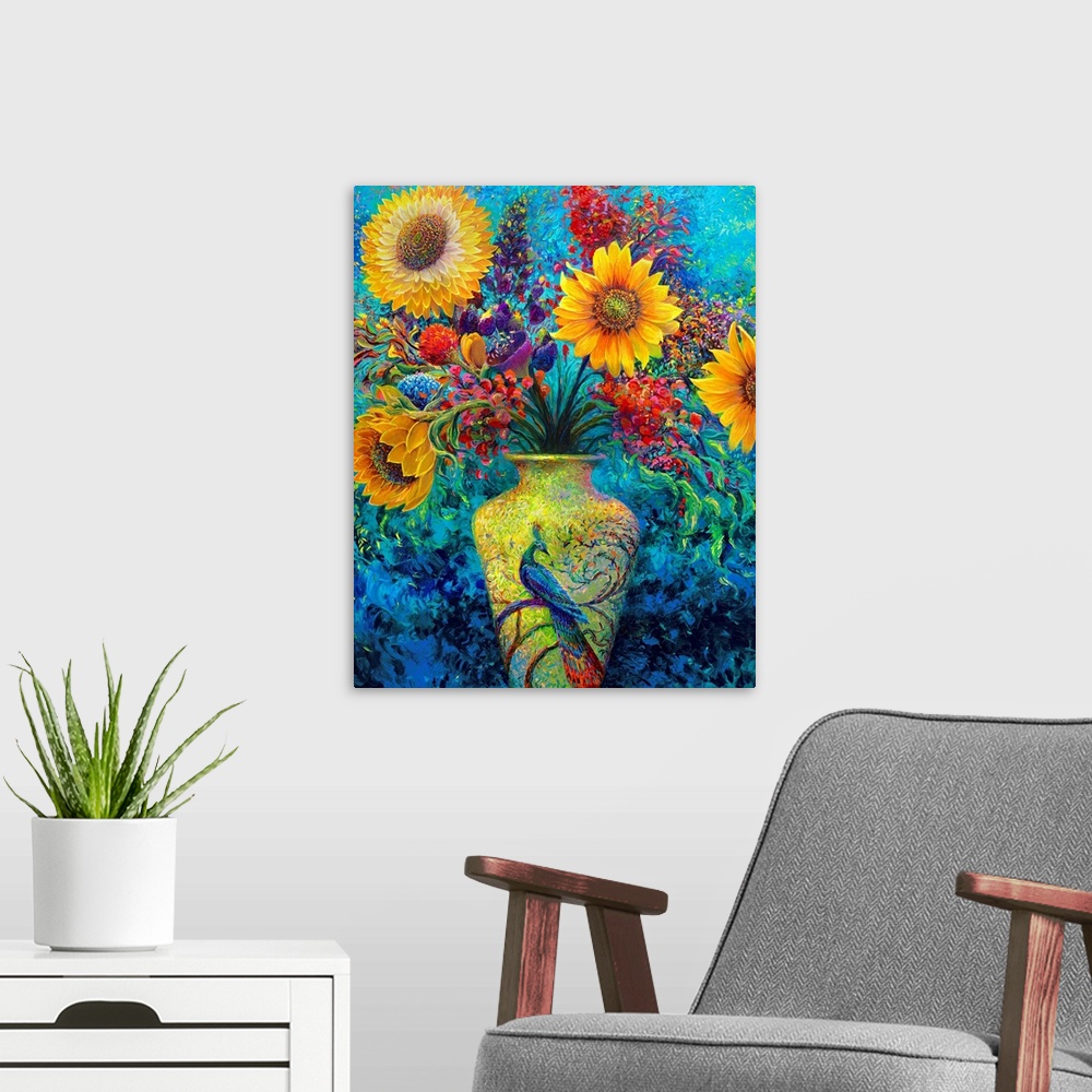 A modern room featuring Brightly colored contemporary artwork of flowers in a vase.