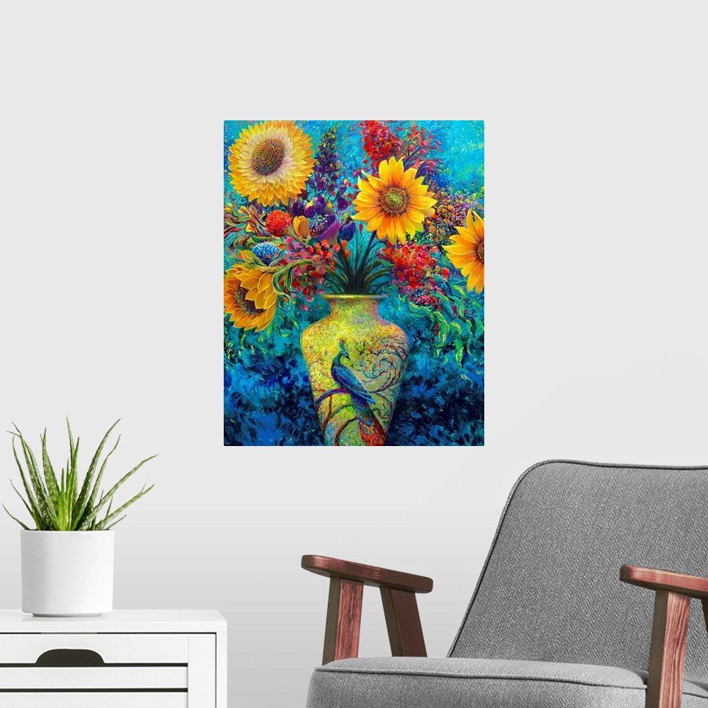 A modern room featuring Brightly colored contemporary artwork of flowers in a vase.