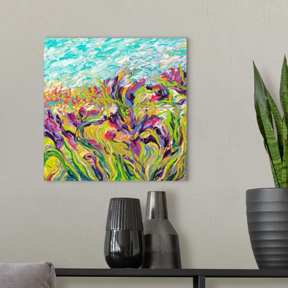 A modern room featuring Brightly colored contemporary artwork of a field of purple irises.