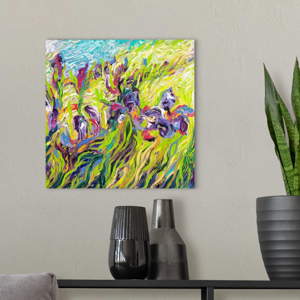 A modern room featuring Brightly colored contemporary artwork of a field of purple irises.