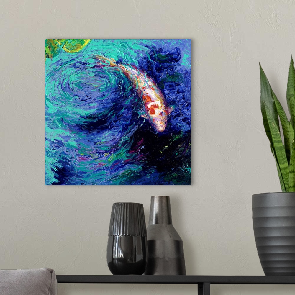 A modern room featuring Brightly colored contemporary artwork of a single koi fish in a pond.