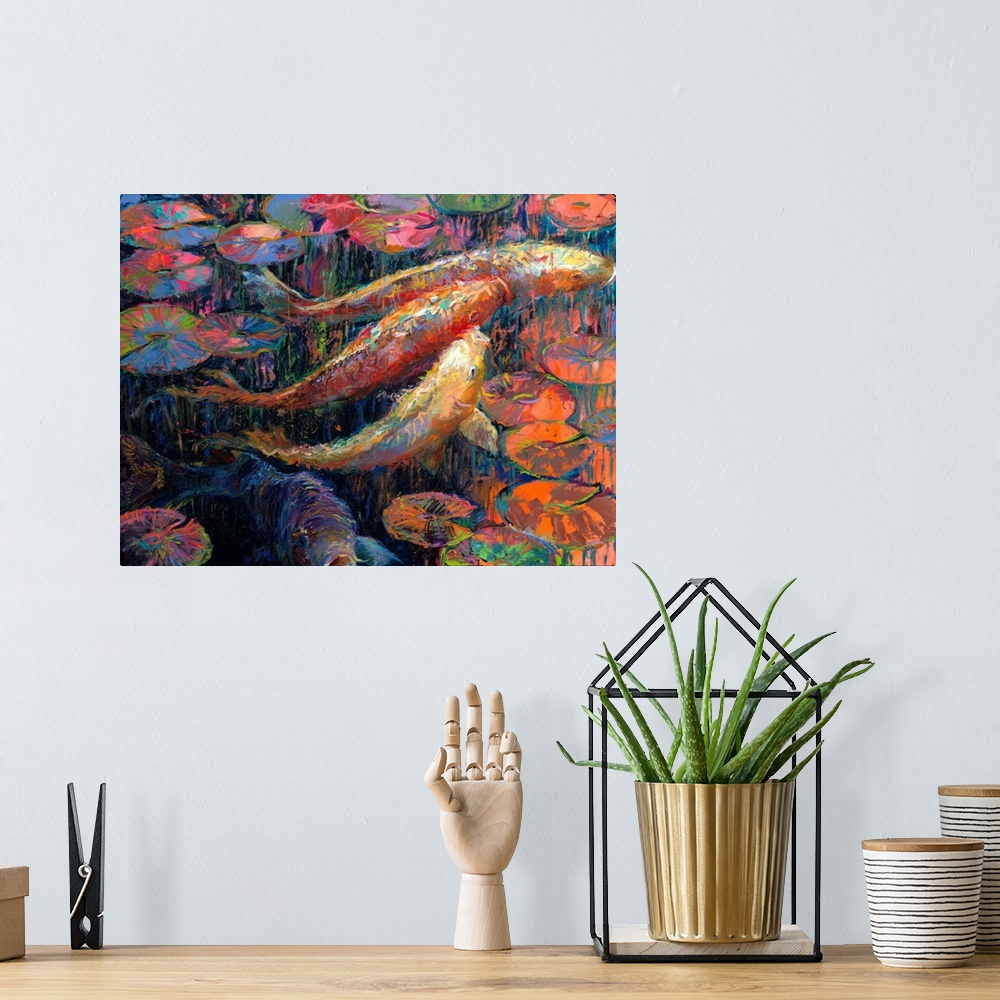 A bohemian room featuring Brightly colored contemporary artwork of a colorful fish with lily pads.