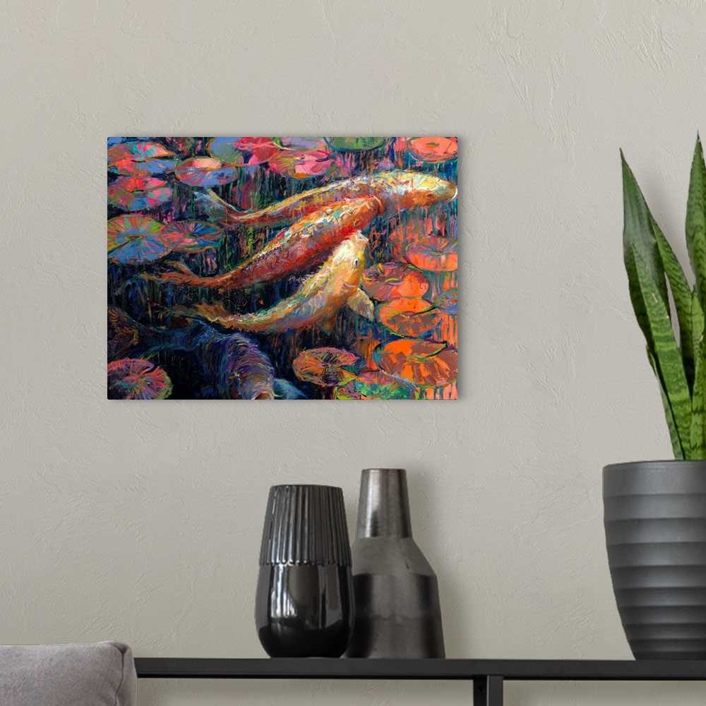 A modern room featuring Brightly colored contemporary artwork of a colorful fish with lily pads.