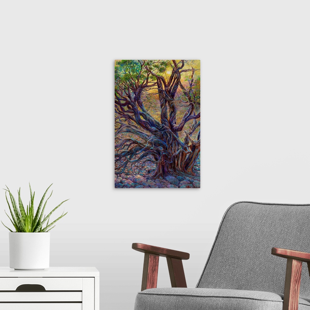A modern room featuring Contemporary artwork of a juniper tree.