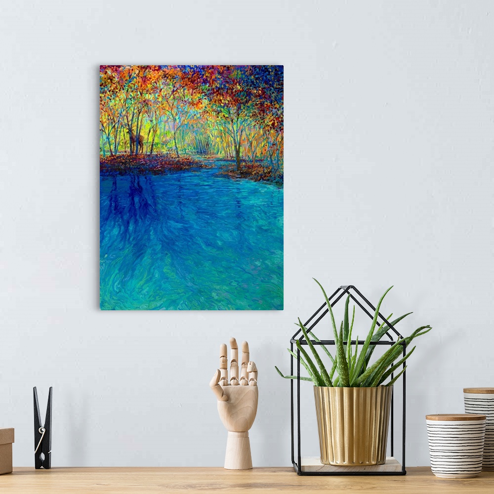 A bohemian room featuring Brightly colored contemporary artwork of a deer alongside the water.