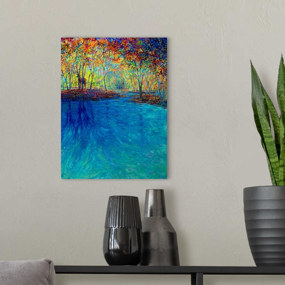 A modern room featuring Brightly colored contemporary artwork of a deer alongside the water.