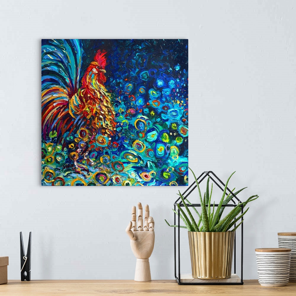 A bohemian room featuring Brightly colored contemporary artwork of a colorful rooster.