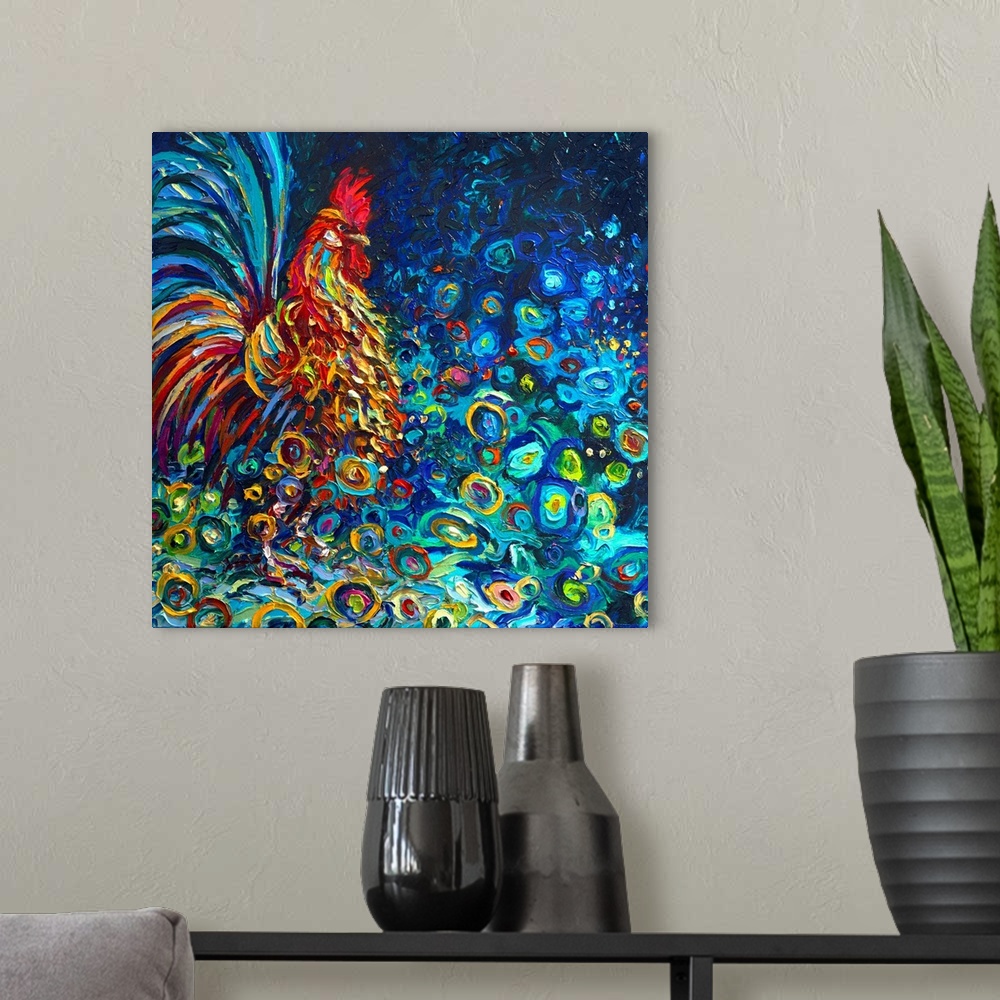 A modern room featuring Brightly colored contemporary artwork of a colorful rooster.