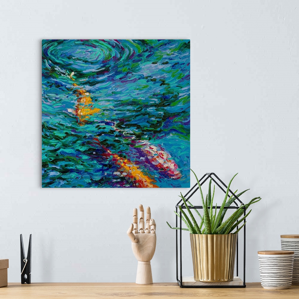 A bohemian room featuring Brightly colored contemporary artwork of a koi fish in water.