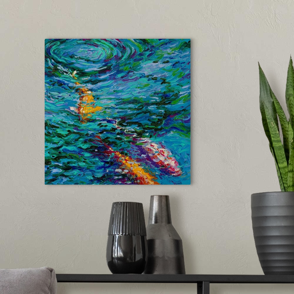 A modern room featuring Brightly colored contemporary artwork of a koi fish in water.