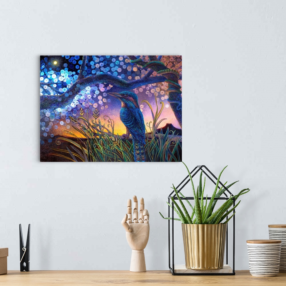A bohemian room featuring Brightly colored contemporary artwork of a kookabura in a tree.