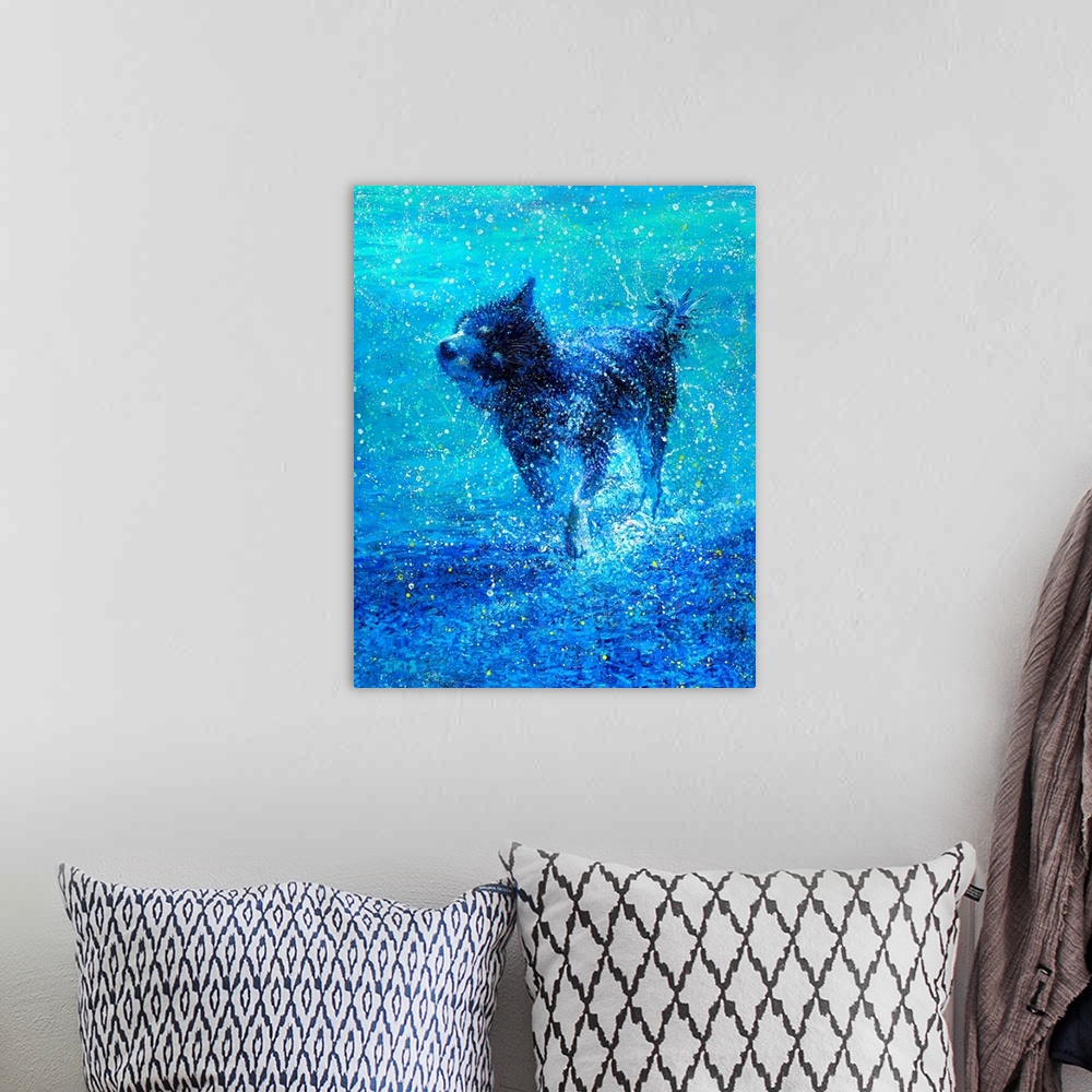 A bohemian room featuring Brightly colored contemporary artwork of a husky shaking water off.