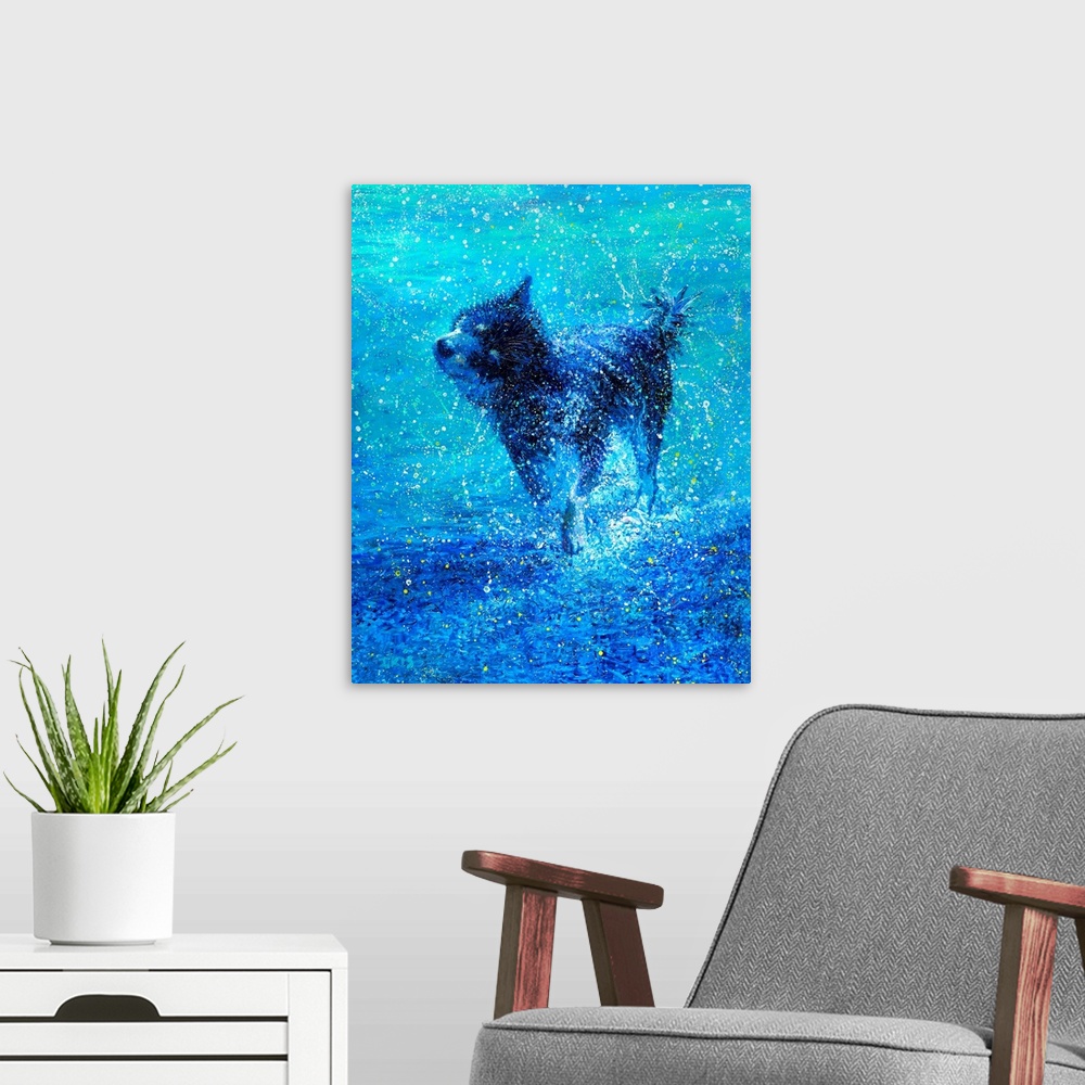 A modern room featuring Brightly colored contemporary artwork of a husky shaking water off.