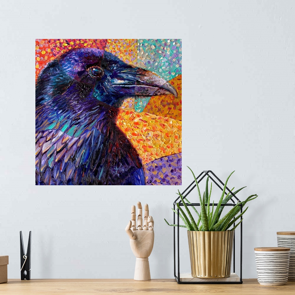 A bohemian room featuring Brightly colored contemporary artwork of a colorful raven.