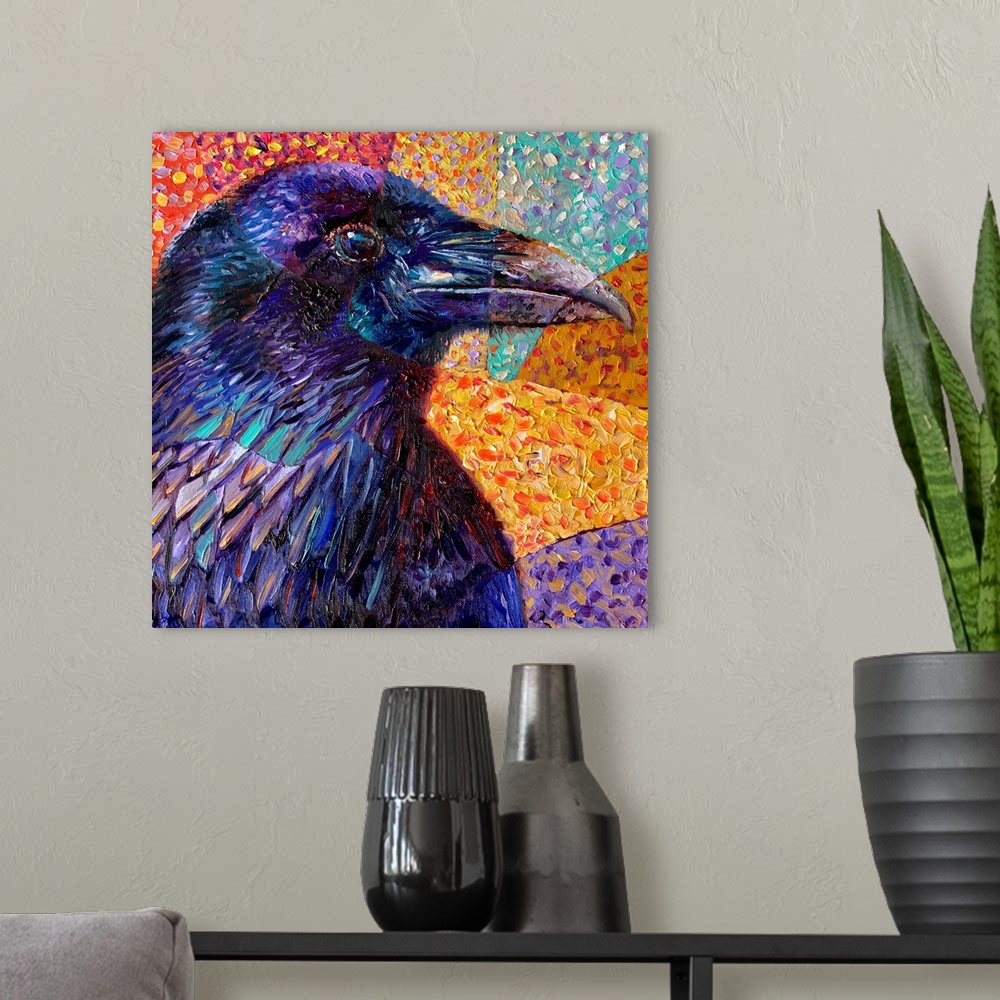 A modern room featuring Brightly colored contemporary artwork of a colorful raven.