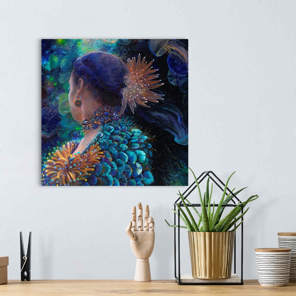 A bohemian room featuring Brightly colored contemporary artwork of a woman wearing anemones.