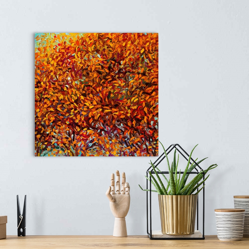 A bohemian room featuring Brightly colored contemporary artwork of a road with fall colored trees.