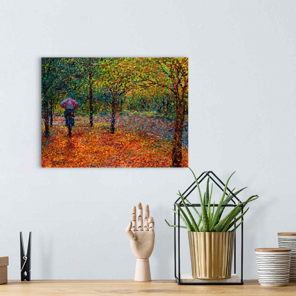 A bohemian room featuring Brightly colored contemporary artwork of a woman taking a walk in the fall.