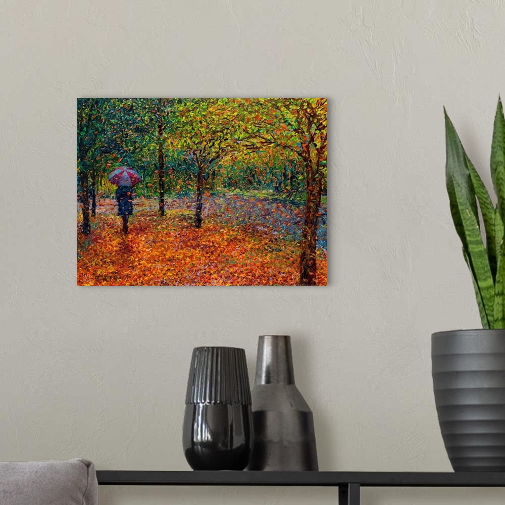 A modern room featuring Brightly colored contemporary artwork of a woman taking a walk in the fall.