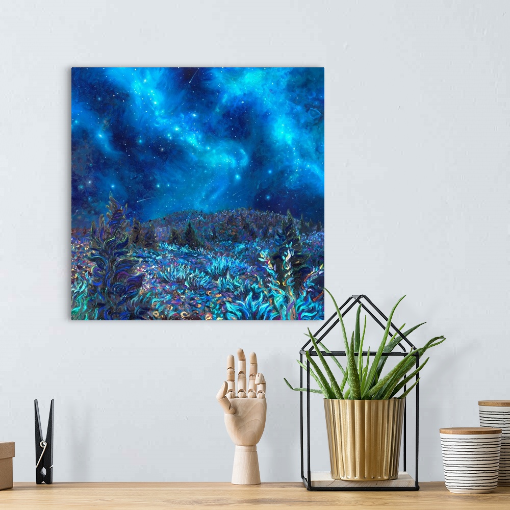 A bohemian room featuring Brightly colored contemporary artwork of constellations over a field at night.