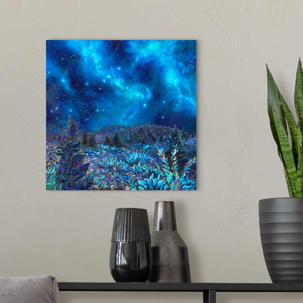 A modern room featuring Brightly colored contemporary artwork of constellations over a field at night.