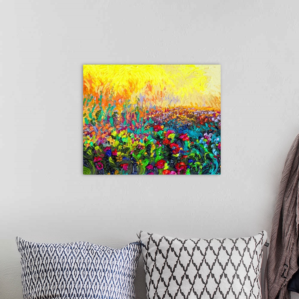 A bohemian room featuring Brightly colored contemporary artwork of a field of small cacti.