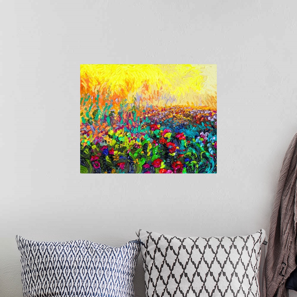 A bohemian room featuring Brightly colored contemporary artwork of a field of small cacti.