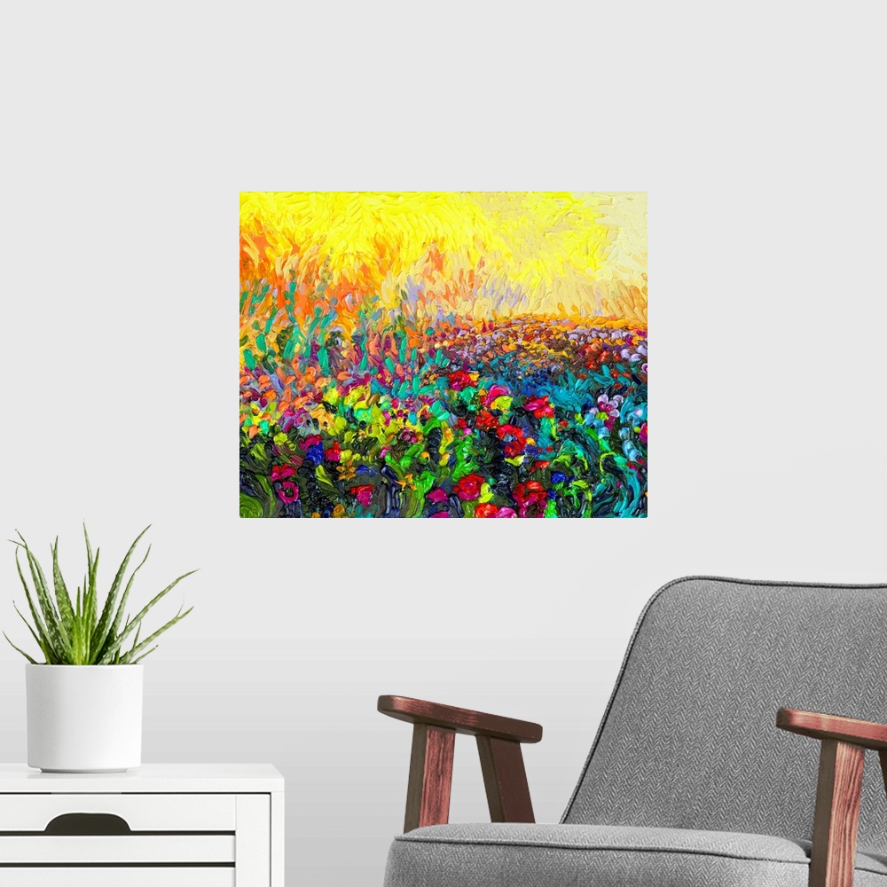 A modern room featuring Brightly colored contemporary artwork of a field of small cacti.