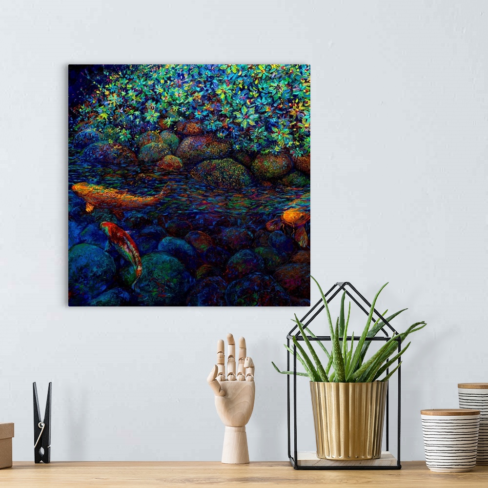A bohemian room featuring Brightly colored contemporary artwork of a koi fish by flowers.